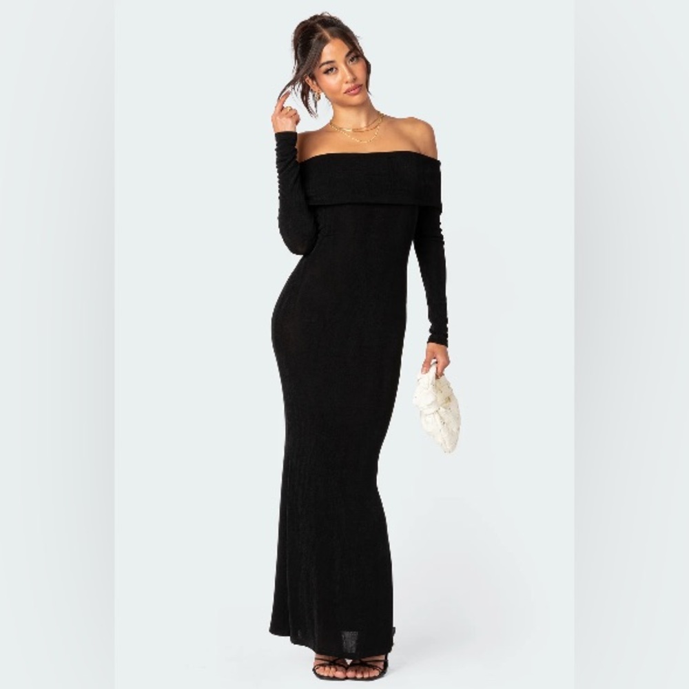 Edikted Black Off Shoulder Maxi Dress Long Sleeve Bodycon Size L NWT - Picture 2 of 7